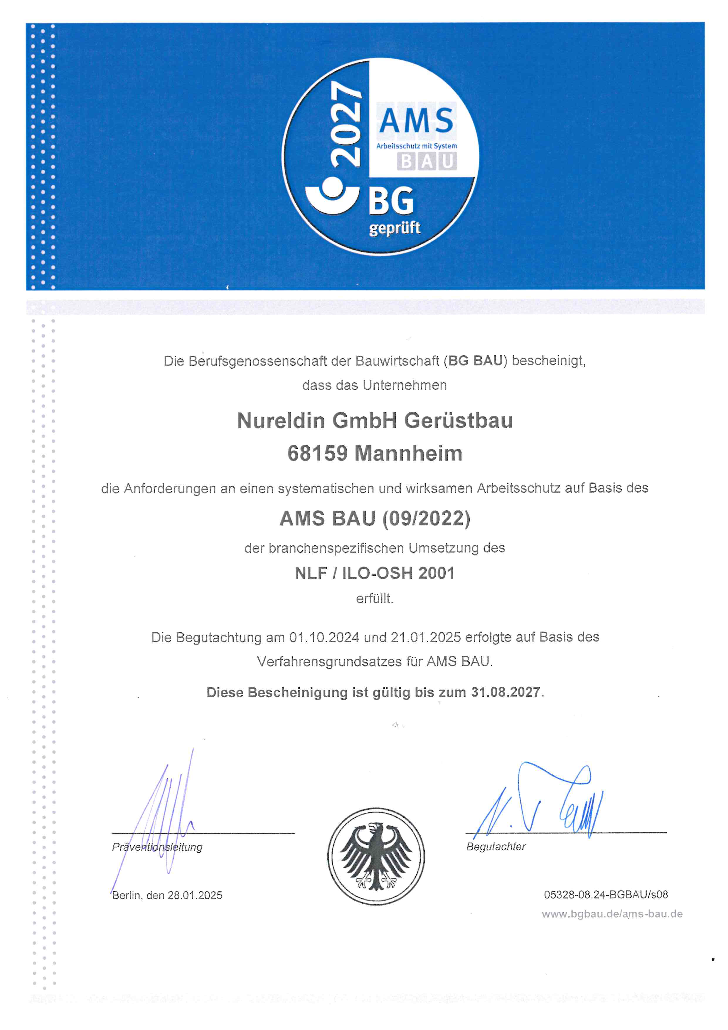 AMS BAU (BG BAU geprüft): Arbeitschutzsystem bis 31.08.2027 bestätigt