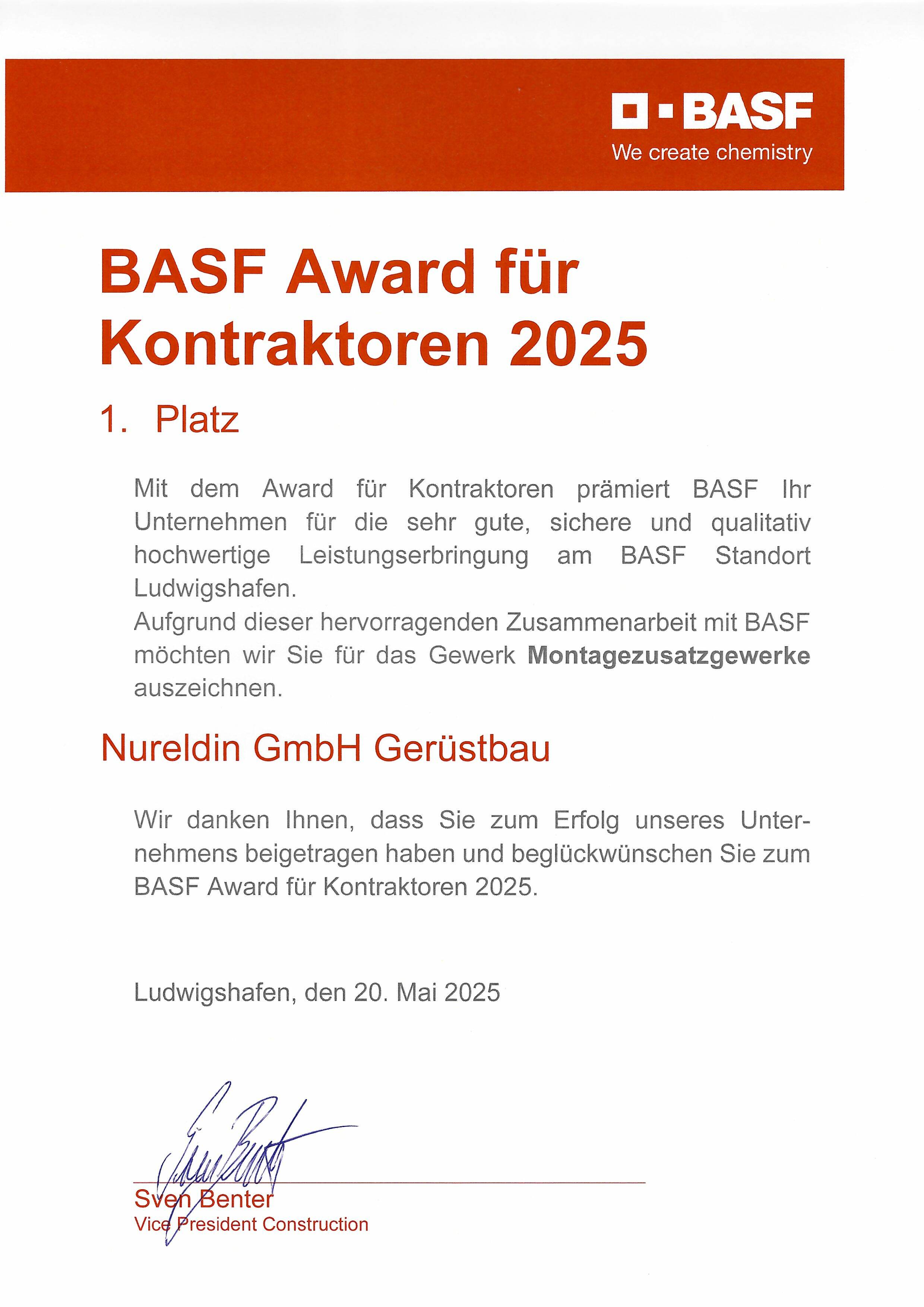 1. Platz beim BASF Award für Kontraktoren 2025